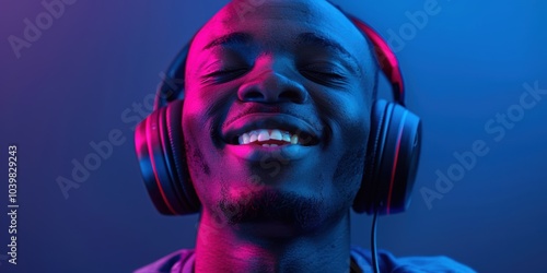 Relaxed man enjoying music with headphones in a studio, featuring a radio and audio app against a blue background, embodying tech and streaming joy