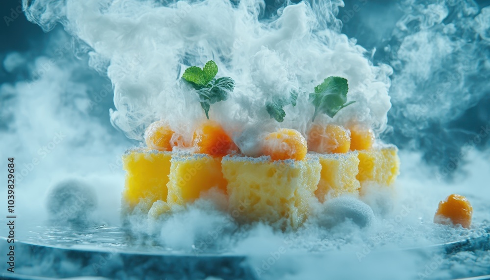 Delicious dessert featuring colorful fruits and smoke effects at a culinary event Delicious dessert featuring colorful fruits and smoke effects at a culinary event