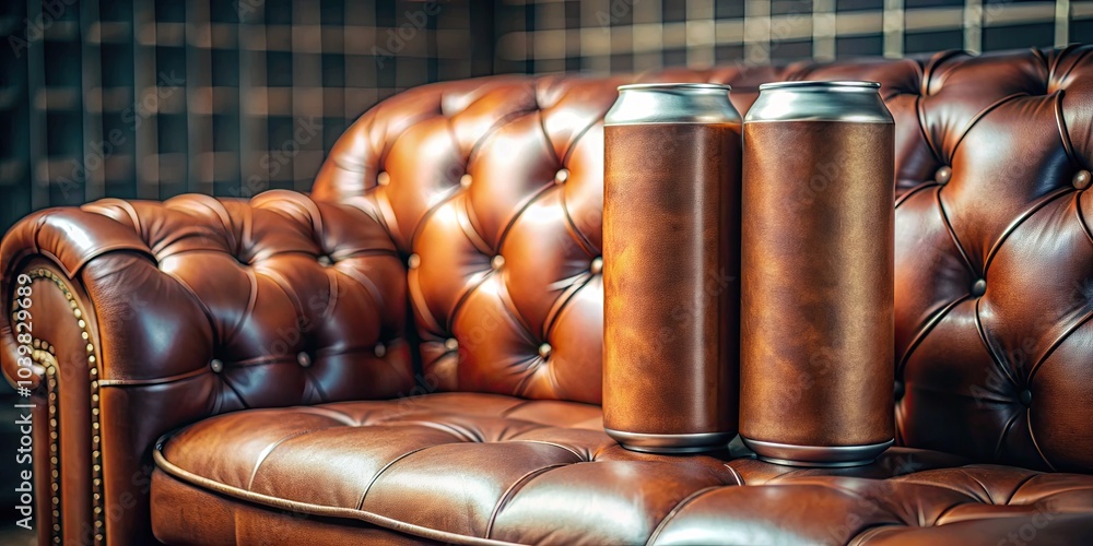 Obraz premium Mockup of Customizable 16 Oz Beer Cans on Leather Seat with Bokeh Effect for Stylish Beverage Branding, Product Display, and Advertising Inspiration
