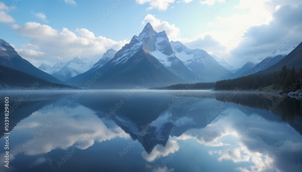 Serene mountain reflection in calm waters Serene mountain reflection in calm waters