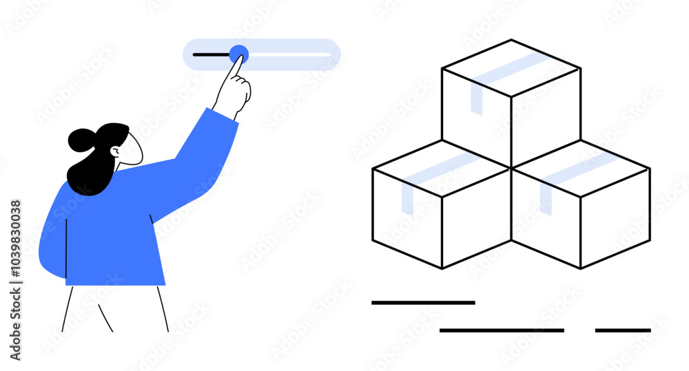 A person pointing at a touch interface beside a stack of three boxes. Ideal for e-commerce management product shipping inventory logistics and warehouse operations. Flat minimalist and modern style A person pointing at a touch interface beside a stack of three boxes. Ideal for e-commerce management product shipping inventory logistics and warehouse operations. Flat minimalist and modern style