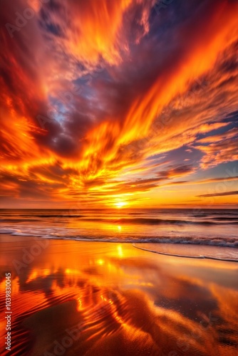 Sunset over ocean with fiery clouds and reflections