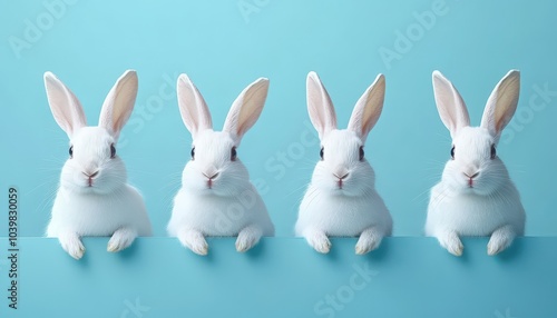 Four adorable white rabbits posing playfully against a bright blue backdrop