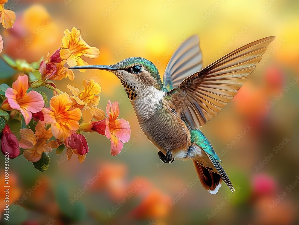 Naklejka premium hummingbird captured in mid-flight, surrounded by a vibrant array of flowers, showcasing its iridescent feathers and swift movement, symbolizing energy, beauty, and the delicate balance of nature