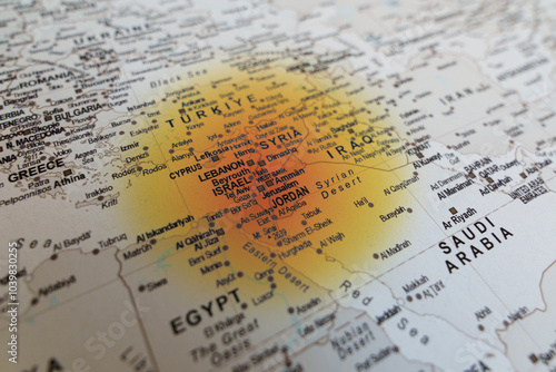 highlighted red conflict zone in the middle east area on geopolitical map. Israel, Gaza, Lebanon, Hamas, Iran