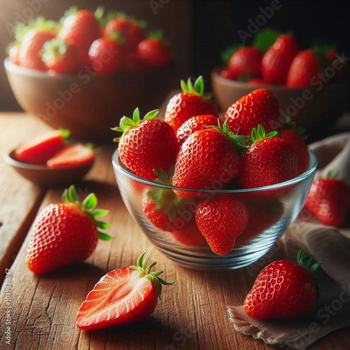 Fresh strawberries in a glass bowl on a wooden table, showing off natural textures and vibrant colors. Perfect for healthy living, nutrition and food related themes. photo