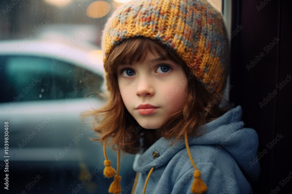 Portrait of a little girl in a knitted hat and coat on the street Portrait of a little girl in a knitted hat and coat on the street