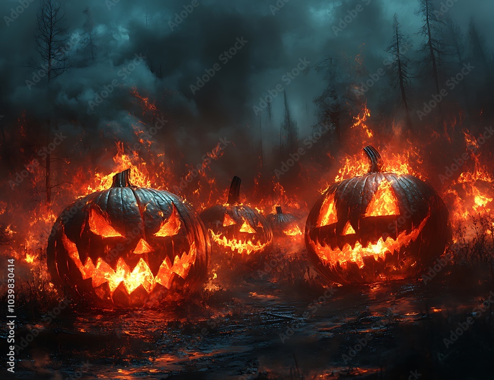 Fototapeta premium a group of carved pumpkins on fire