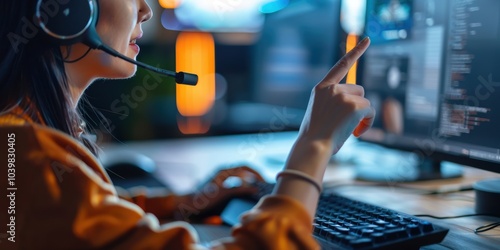 Telemarketing assistance and computer consulting with a woman using a microphone for customer support in a call center, focusing on online services and CRM