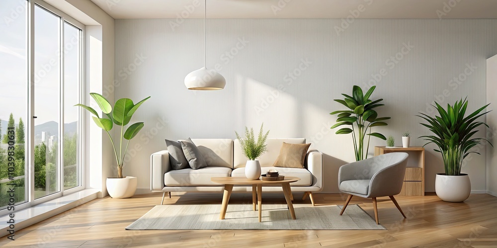 Fototapeta premium Modern Minimalist Interior Design with Potted Plant, Bright Natural Light, Open Space, Clean Lines, Contemporary Furniture, Neutral Color Palette, Home