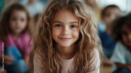 A young girl with curly hair smiles directly at the camera, seated in a classroom environment surrounded by other children, creating a lively and joyful scene.