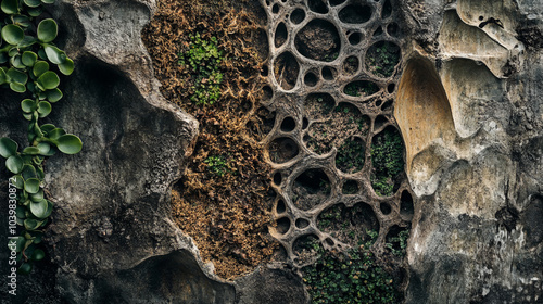 Nature's intricate patterns on an aged rock surface with vibrant greenery photo