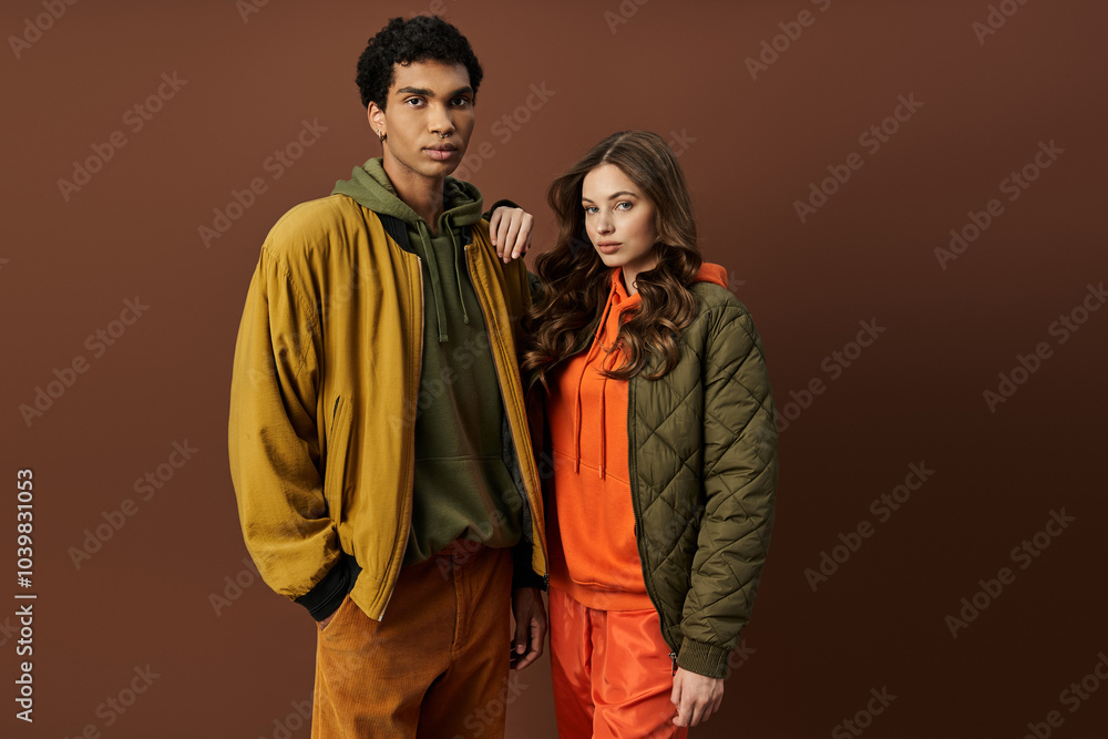 A young couple showcases their fashionable autumn outfits, embracing seasonal colors and styles. A young couple showcases their fashionable autumn outfits, embracing seasonal colors and styles.