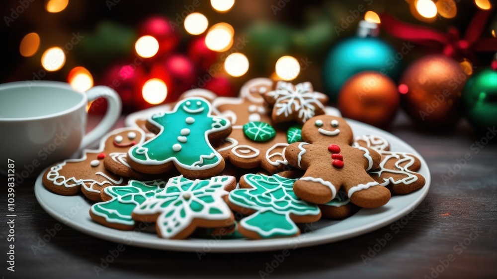 Close-up of gingerbread cookies arranged on a plate, detailed icing designs with red, green, and white colors Close-up of gingerbread cookies arranged on a plate, detailed icing designs with red, green, and white colors