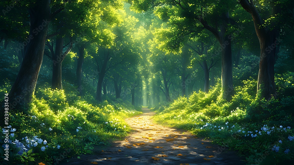 A sunlit path winds through a lush forest, dappled sunlight illuminating the green foliage and white wildflowers. A sunlit path winds through a lush forest, dappled sunlight illuminating the green foliage and white wildflowers.