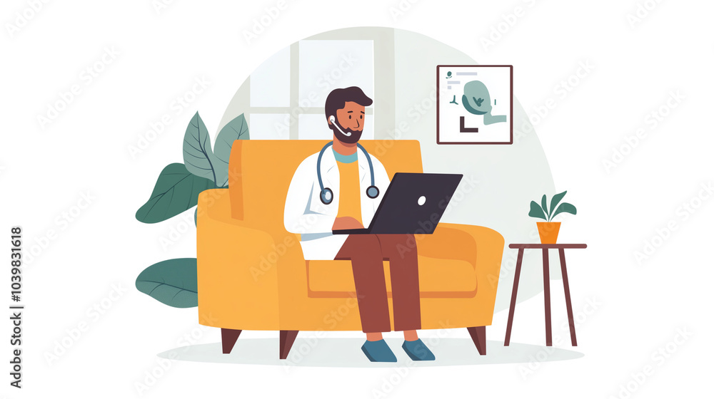 Obraz premium Patient Receiving Telemedicine Consultation via Laptop at Home