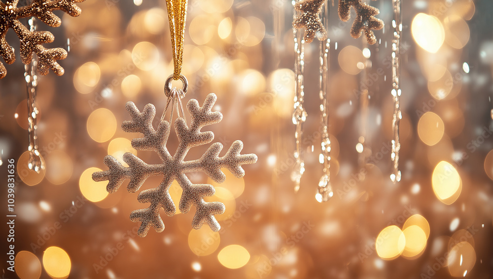 Snowflake decoration on golden background shining brightly. Snowflake decoration on golden background shining brightly.