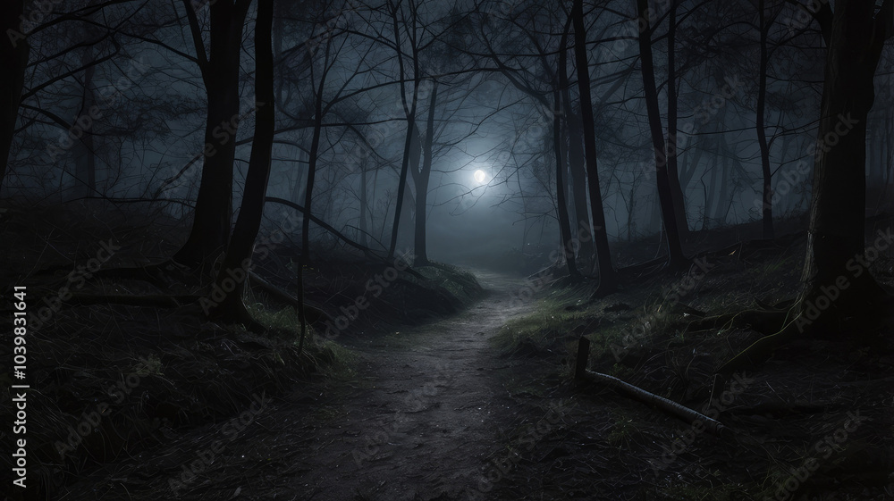 Obraz premium Misty Forest Path Under Full Moonlight, Haunting Woods