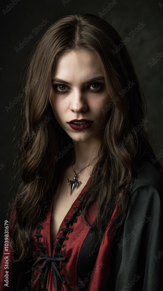 Female Vampire in Black and Red Cape, Chest-High Portrait Female Vampire in Black and Red Cape, Chest-High Portrait