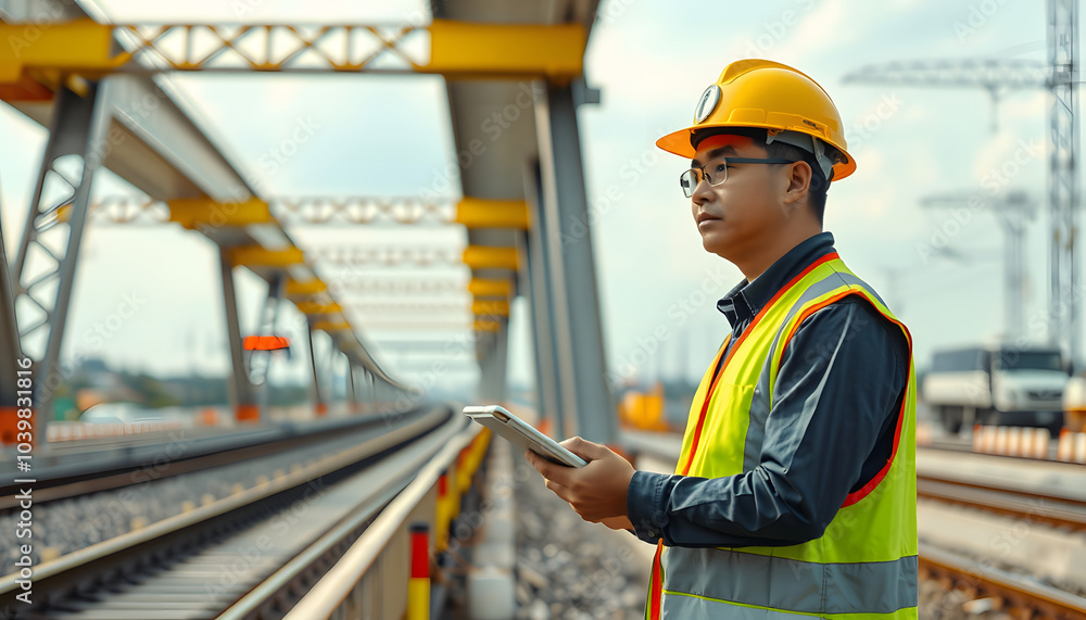 Obraz premium An Asian male engineer works at a motorway bridge construction site,Civil worker inspecting work on crossing construction,Supervisor working at high-speed railway construction site isolated with whi