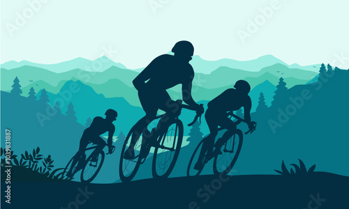 Cyclists climbing in the mountainous region. Mountain silhouettes on the background