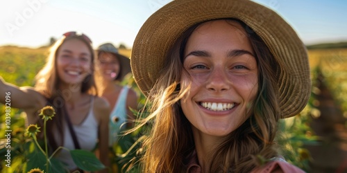 Women in agriculture take a cheerful group selfie in the countryside, capturing memories of summer harvest and teamwork in nature, shared on social media
