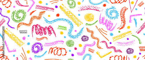 Brush drawn simple confetti shapes in a colorful childish style. Rough pencil doodle  with dots, circles and dashes.Cute seamless pattern for a holiday party.