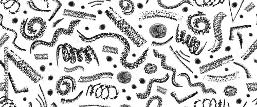 Brush drawn simple confetti shapes in a colorful childish style. Rough pencil doodle  with dots, circles and dashes.Cute seamless pattern for a holiday party.