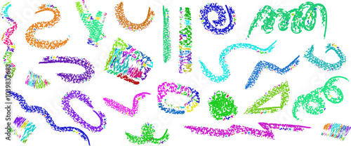 Brush drawn simple confetti shapes in a colorful childish style. Rough pencil doodle  with dots, circles and dashes.Cute seamless pattern for a holiday party.