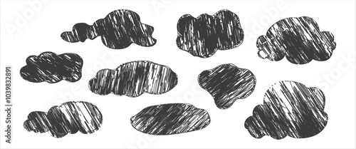 Hand drawn pencil drawing of clouds in pastel color. Kids sketch chalk drawing. Grunge image of the heaven. For design template art children education material.