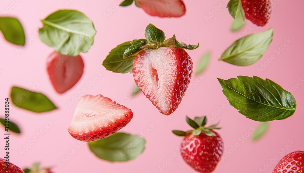 Fresh strawberries and basil leaves floating against a pink background Fresh strawberries and basil leaves floating against a pink background