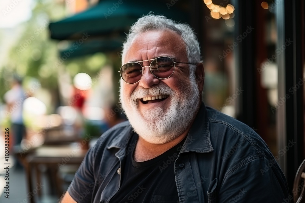 Portrait of a smiling senior man with sunglasses sitting in a cafe Portrait of a smiling senior man with sunglasses sitting in a cafe