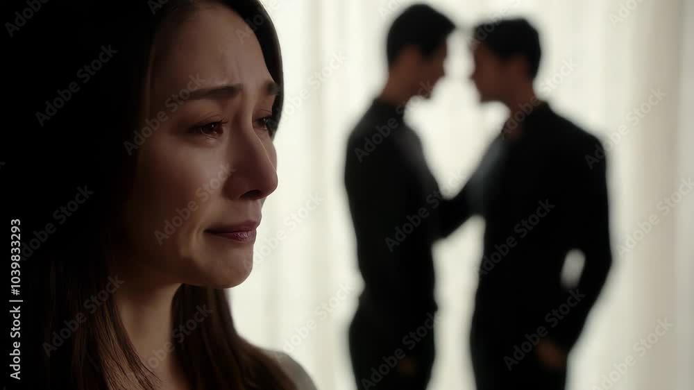 Portrait of a sad woman, in the background two gay men hugging and kissing. Concept of non-traditional orientation and lgbt. Portrait of a sad woman, in the background two gay men hugging and kissing. Concept of non-traditional orientation and lgbt.