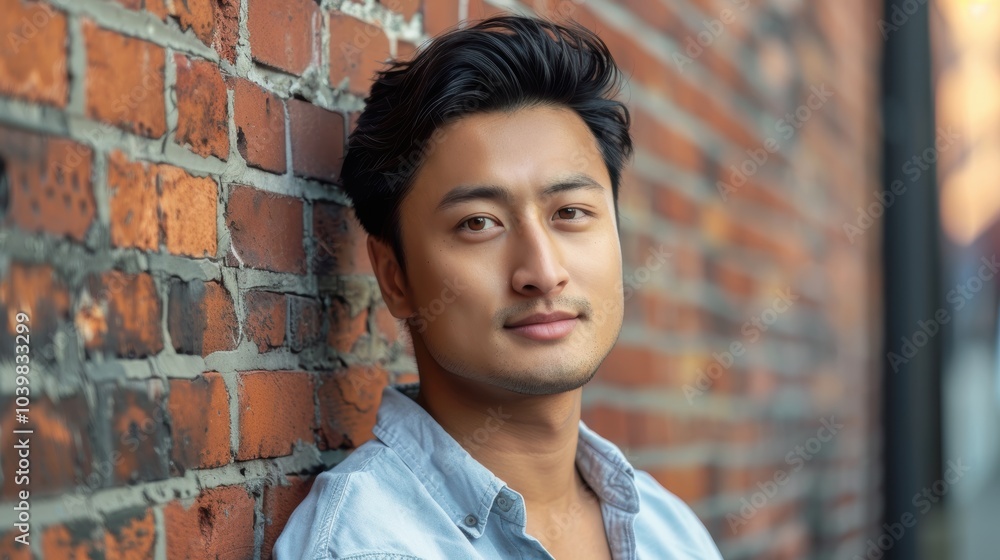 Confident portrait of a professional businessman standing in an office against a brick wall, showcasing pride and success in a modern work environment Confident portrait of a professional businessman standing in an office against a brick wall, showcasing pride and success in a modern work environment