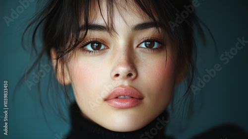 An up-close portrait of a woman with bangs in a black turtleneck, embodying minimalism and poise against a soft-focus background, highlighting facial features.