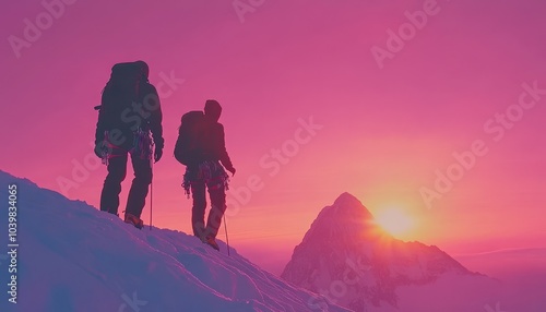 Adventurers hiking snowy mountains at sunset near a towering peak