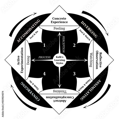 Diagramme de Kolb - Styles d'Apprentissage - Techniques - Coaching et Succès - Noir et Blanc
