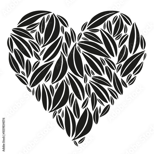 Coeur Motif fait de Feuilles, Feuillage Noir / Blanc, Amour et Nature Vecteur