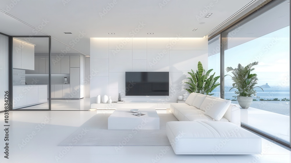 Fototapeta premium Modern Luxury Room with White Sofa and TV Unit
