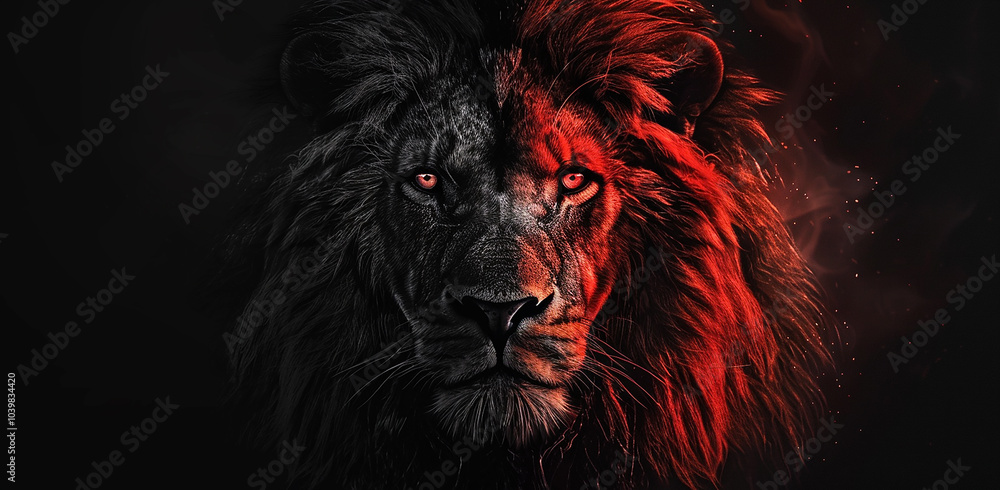 Black background, red glowing lion on half face and black lion on other side Black background, red glowing lion on half face and black lion on other side