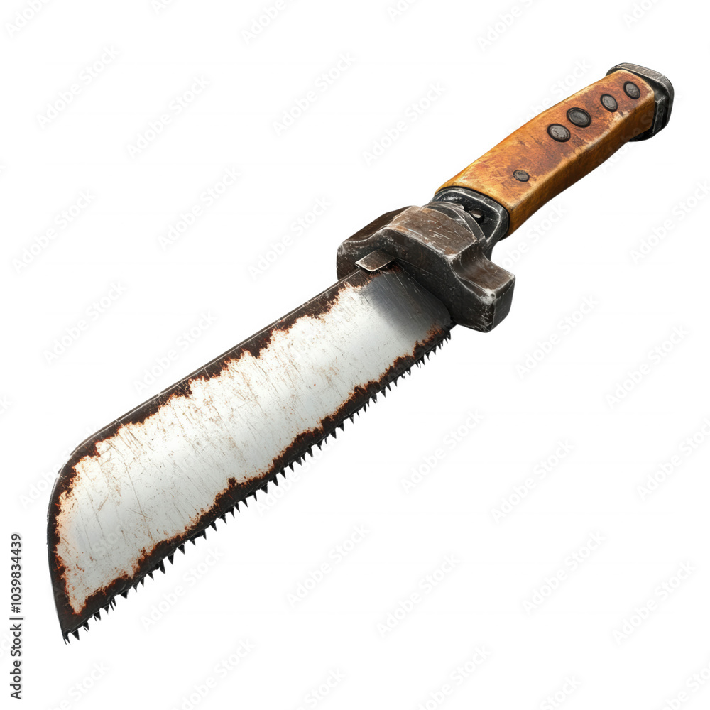 A rusty, worn-down knife with a wooden handle and a serrated blade, isolated on transparent or white background A rusty, worn-down knife with a wooden handle and a serrated blade, isolated on transparent or white background