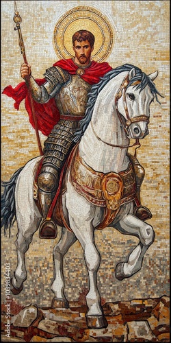 St. George on Horseback Mosaic. Depiction of Saint George in Greek Orthodox Style photo