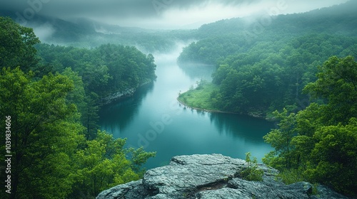 Serene landscape featuring a misty river surrounded by lush greenery.