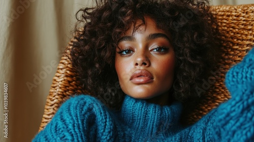 A woman with soft curls rests comfortably indoors, enveloped in a plush blue sweater, her expression serene as she embodies warmth and relaxation in a cozy setting.