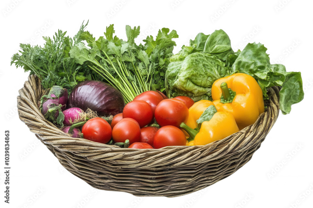 A wicker basket overflowing with fresh produce, isolated on transparent or white background A wicker basket overflowing with fresh produce, isolated on transparent or white background