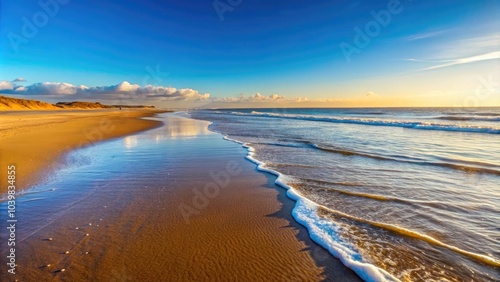 Serene Beach View at Skegness on a Sunny Winter's Day - Minimalist Photography of Lincolnshire Coastline, Tranquil Seascape, and Clear Blue Skies for Nature Lovers