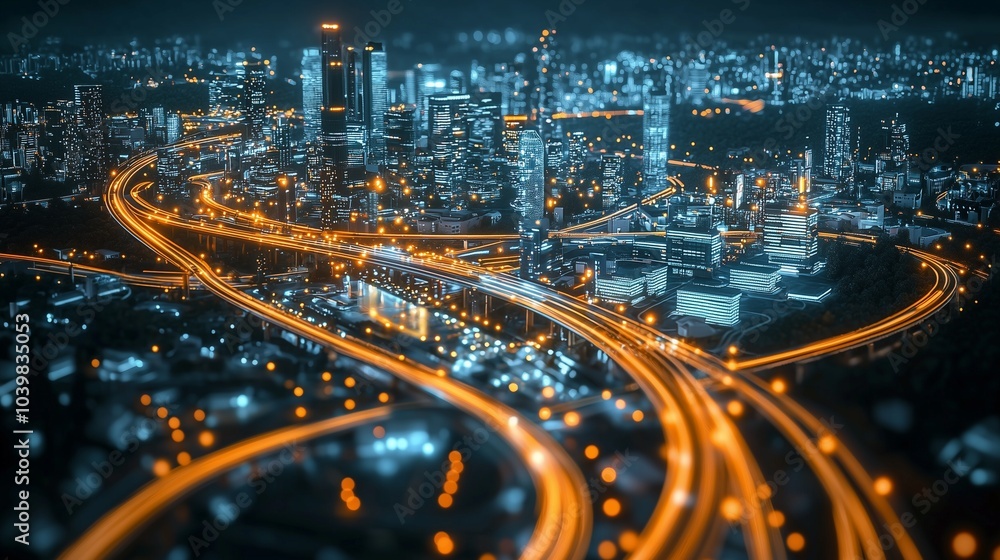 Futuristic cityscape with glowing highways, symbolizing advanced smart transportation in a utopian urban setting. Futuristic cityscape with glowing highways, symbolizing advanced smart transportation in a utopian urban setting.