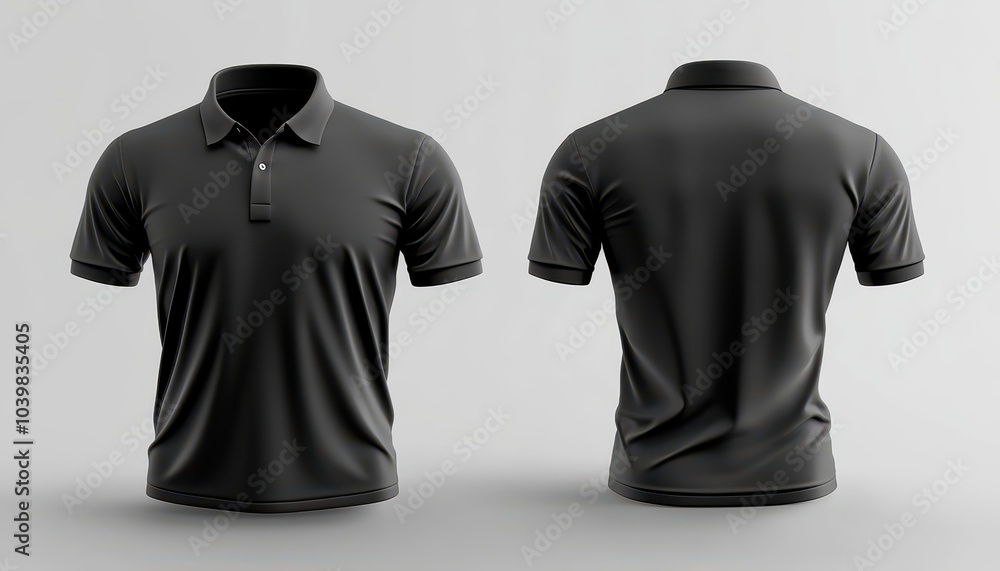 Black polo shirt displayed from front and back against a neutral background Black polo shirt displayed from front and back against a neutral background