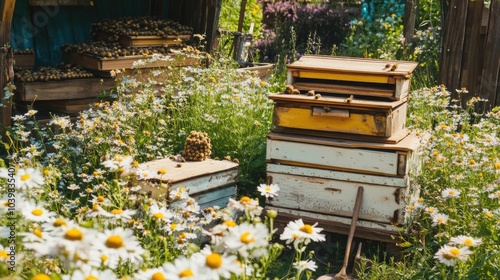 An intricately set up beekeeping apiary, Hives and beekeeping tools amid blooming flowers, Sustainable farming style