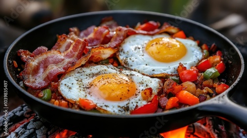 A hearty campfire breakfast of sunny side up eggs, crispy bacon, and colorful peppers sizzling in a cast iron skillet, evoking rustic outdoor cooking charm.